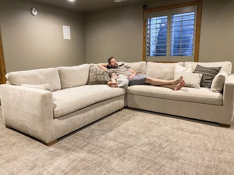 Introducing: Our future Theater Room and new Charly Sectional! - Chris Loves Julia Deep Couch Sectional, Julia Marcum, Deep Sectional Sofa, Extra Deep Sofa, Mid Century Modern Ideas, Modern Leather Sectional, Den Room, Deep Sectional, Living Room 2022