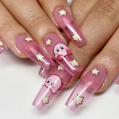 Rosalina Nails, Cute Kirby Nails, Kirby Themed Nails, Kirby Nail Art, Kirby Nails Acrylic, Animal Crossing Nail Art, Jigglypuff Nails, Nintendo Nails, Pink Pokemon Nails