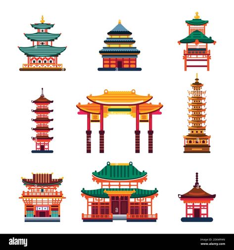 Download this stock vector: Colorful Chinese buildings, vector flat isolated illustration. China town traditional pagoda house. City architecture design elements. - 2D6MPAN from Alamy's library of millions of high resolution stock photos, illustrations and vectors. Chinese Buildings, Chinese Pagoda, Japanese Buildings, China Architecture, Japanese Temple, Travel Poster Design, City Vector, Human Logo, Building Illustration