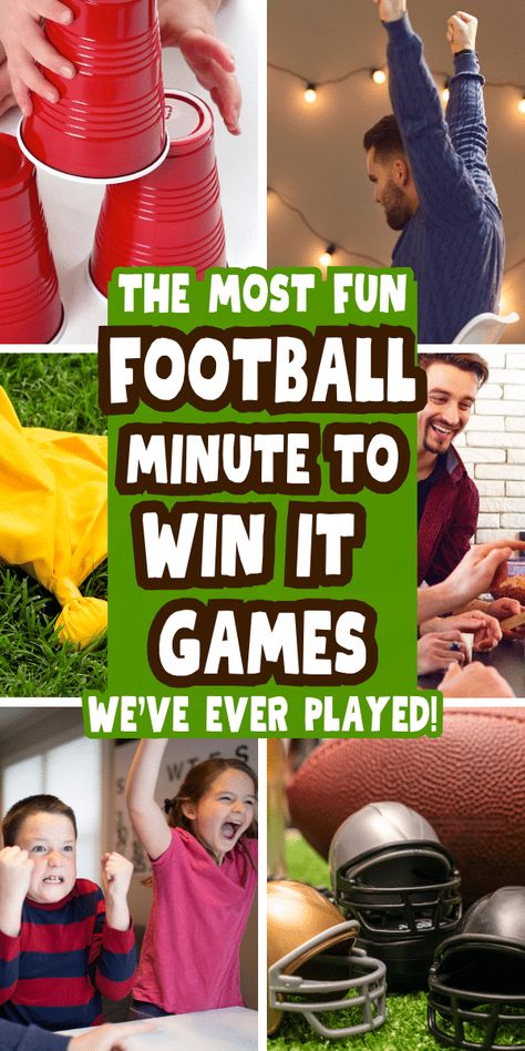 Funny Minute To Win It Football Games And Super Bowl Party Games Activities For Groups - Best football minute to win it party games for kids and adults. Great for super bowl party activities, football birthday party ideas, tailgating games and any sports themed parties! #footballgames #minutetowinit #footballparty #tailgatingparty #groupgames #sportsthemes High School Tailgate Party, Games For Football Themed Party, Fun Superbowl Games, Birthday Party Sports Games, Football Birthday Activities, Outdoor Football Party Games, Football Theme Party Games, Football Tailgate Games, Sports Birthday Party Activities