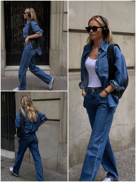 Double Denim Fashion Trend. (The New Rules Of Double Denim) FASHION INSPIRATION | Cool Chic Style Fashion Broad Jeans Outfits, Double Denim Outfit 2023, Double Denim Women, Y2k Fashion Denim, Double Jeans Outfit, Double Denim Outfit Women, Full Denim Outfit Women, Double Denim 90s, Denim Trends 2024