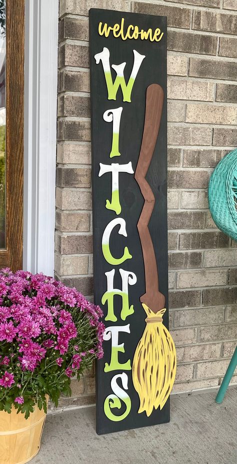 Join us during our " Pick Your Project" events and create this Witch Broom Porch Leaner approximately 60” x 10” Rubbish Restyled located at: 12 W. Fulton StEdgerton, Wisconsin This can be also converted to a craft kit for you to create in your own home and available for pick up or shipping. Send us a message and ask us! info@rubbishrestyled.com Cancellation Policy - Although we understand things come up. Should you need to cancel your class. Please give at least 48 hours notice for credit. You may send someone else in your place. If not you will be issued a credit towards another class or credit for merchandise in retail store in the form of a gift card. Please contact info@rubbishrestyled.com with cancellation requests or additional information and questions. Witch Parking Only Sign, Halloween Wood Porch Signs, Diy Halloween Porch Sign, Door Leaner Signs Diy, Halloween Front Porch Sign, Diy Witch Decor Halloween, Fall Front Porch Signs, Halloween Porch Leaner, Halloween Wooden Signs