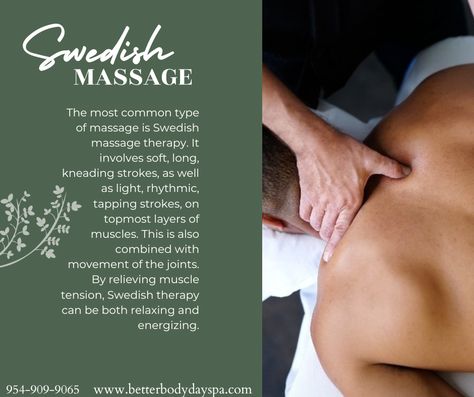 Swedish massage is great for anyone who wants to loosen muscle tension that results from daily exercise, poor posture, etc. It also works well for people with tension in their lower back, shoulders, or neck or anyone who wants to treat themselves to a luxurious indulgence of self-care! Book by giving us a call at 954-909-9065! Swedish Massage Benefits, Swedish Massage Techniques, Forward Head Posture Exercises, Full Body Massage Techniques, Holistic Massage, Esthetician School, Massage Quotes, Therapy Business, Massage Therapy Business