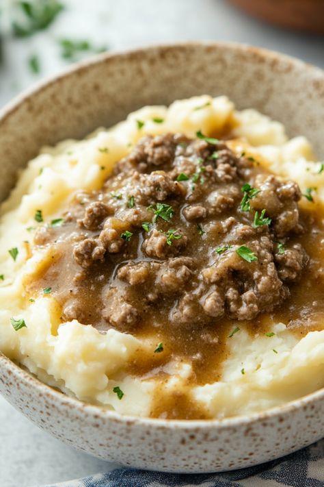 Beef Gravy Over Mashed Potatoes, Ground Beef Gravy, Ground Beef And Gravy, Beef And Gravy, Hamburger Gravy, Over Mashed Potatoes, Ground Beef And Potatoes, Beef Gravy, Beef And Potatoes