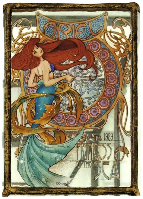 "Ariel: Princess of the Sea" Disney Princesses in Art Nouveau style. (Jasmine and Aurora at the source are good too, although I strongly suspect Jasmine would have been labeled "Oriental Princess" at the time Art Nouveau was en vogue.) Art Nouveau Disney, Fan Art Disney, Disney Gold, Alfons Mucha, Disney Fanart, Images Disney, Film Disney, Art Disney, Deviant Art