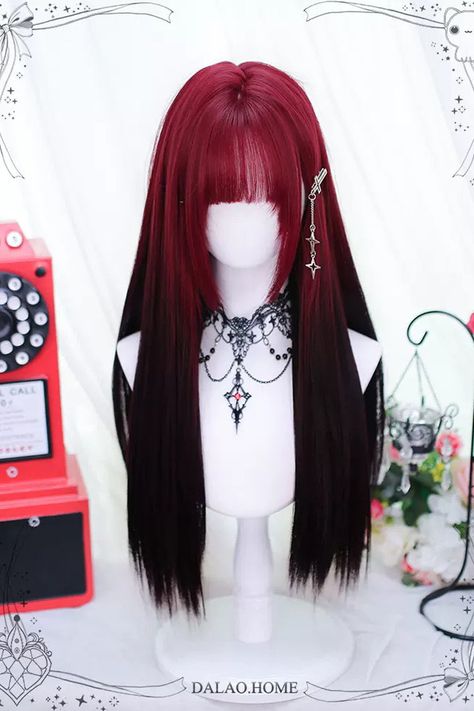 Black To Red Ombre Hair, Vampire Wig, Aesthetic Wigs, Gothic Hairstyle, Red Black Hair, Long Hair Designs, Cool Hair Designs, Red Ombre Hair, Kawaii Wigs