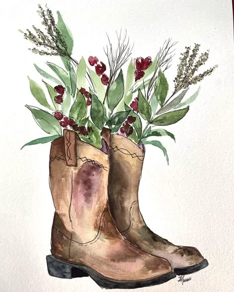 Chair Watercolor, Drawing Cowboy Boots, Country Watercolor Painting, Western Watercolor Paintings Easy, Cowboy Boot Watercolor, Country Watercolor, Watercolor Cowboy Boots, Watercolour Stickers, Aesthetic Watercolour Painting