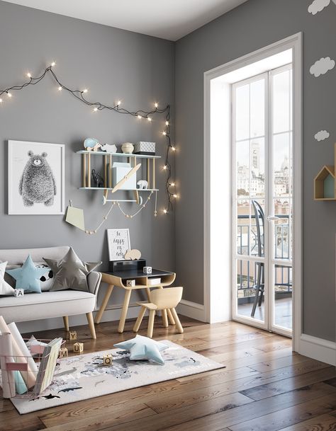 Scandinavian apartment | VR 360 on Behance Kids Room Grey, Scandinavian Apartment, Kids Interior Room, Scandinavian Interior Design, Children Room, Kids Interior, Scandinavian Decor, Kids Room Design, Architecture Interior Design