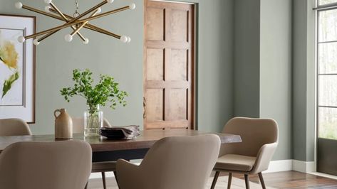 Evergreen Fog Is Sherwin-Williams' 2022 Color of the Year | Martha Stewart Evergreen Fog Room, Sw Evergreen Fog, House Wall Paint, Lake Arrowhead Cabin, Evergreen Fog, 2022 Color Trends, Best Gray Paint Color, Best Gray Paint, 2022 Color Of The Year