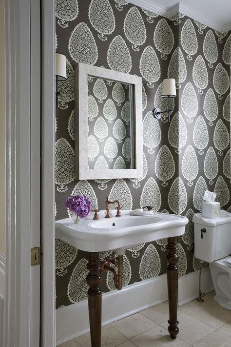 Get creative with bold pattern wallpaper to create a one of a kind look in your bathroom design. Schumacher Chenonceau, Bathroom Wallpaper Trends, Powder Room Wallpaper, Schumacher Wallpaper, Charcoal Wallpaper, Modern Farmhouse Design, Damask Wallpaper, Wood Interiors, Bathroom Wallpaper