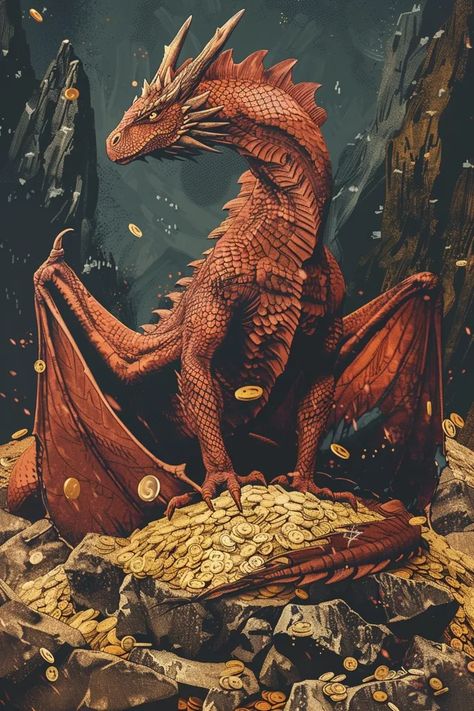 Midjourney AI Image: dragon on a pile of gold, vintage poster style, detailed background elements, retro color palette, h... → more in ai-img-gen.com Pile Of Gold Coins, Detailed Background, Symbol Of Wealth, Background Elements, Retro Color Palette, Fantasy Pictures, Dragon Scale, Red Dragon, Rock Formations