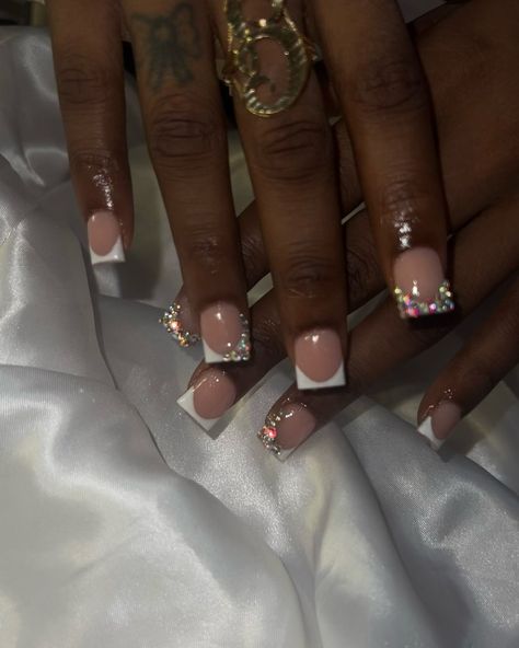 #nailsofinstagram #nailsoftoday #prettynails #518nailtech #nailsonfleek #nailsonpoint #nailtechlife #blacknailtech #nailstylist #nails💅 #nailsaddict #houstonnailtech #trending #houston #celebritynailtech #valentinobeautypure #freestylenails #nailtech #dallasnails #nailart #stilettonails #texas #houstonnails #explorepage #teamvbp #tiktoknails #acrylictoes #acrylicnails #nailsnailsnails #houstonhairstylist Baps Inspired Nails, Bejeweled French Tips, Badazled French Tip Nails, Nails Acrylic French Tip Sparkle, Short Frenchies With Rhinestones, Diamonds On Nails Ideas, Short French Tips With Charms, Square Nails With Diamonds, Short French Tip Nails With Rhinestones