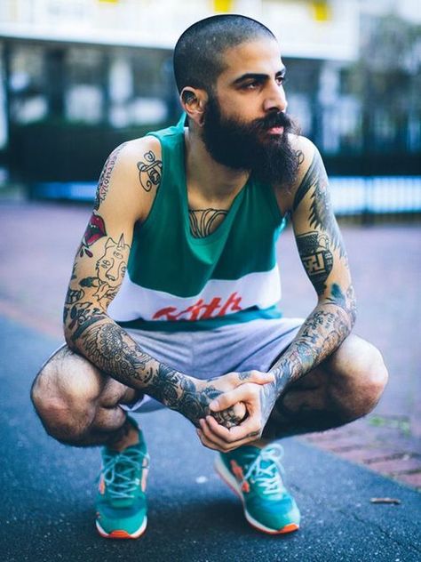 Runner thoughts. Men With Moustache, Hipster Man, Beard Tattoo, Long Beards, Inked Men, Sharp Dressed Man, Tattoo Sleeve Men, Mens Street Style, Bearded Men