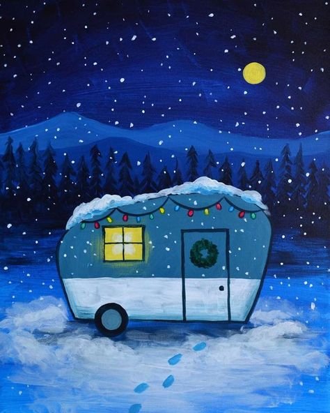 Join us while we paint this #cozy #holiday scene while we enjoy the company of each other! #diy #decor #christmas #snow #winter #camper #painting Christmas Scene Drawing, Camper Painting, Diy Decor Christmas, Cute Easy Paintings, Diy Christmas Paintings, Scene Drawing, Hippie Painting, Simple Canvas Paintings, Cute Canvas Paintings