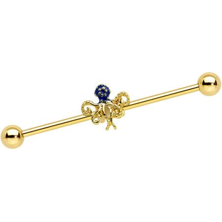 Give your piercings some nautical flair with this 14 gauge helix barbell! It's made with a 1 1/2" gold tone PVD over 316L stainless steel straight barbell with 5mm ball ends. It features an octopus charm, heavily embellished with textured detailing. It's Specifications: 20 Gauge (.8mm), 1/4" (6mm) Length at the Bend, Gold Tone PVD over 316L Stainless Steel L-Shaped Post Size: one size.  Gender: female.  Age Group: adult. Types Of Ear Piercings, Blue Octopus, Ear Piercings Helix, Barbell Earrings, Jewelry Promotion, Industrial Barbell, Cartilage Earring, Ear Candy, Cartilage Earrings