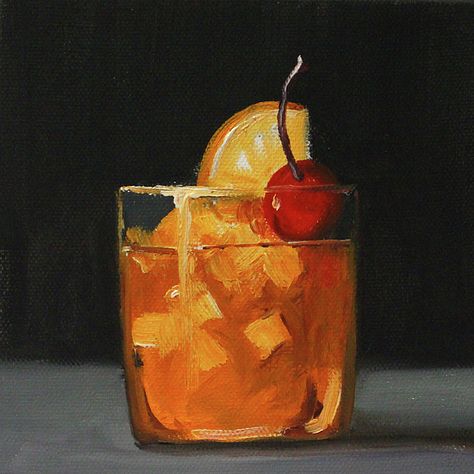 Old Fashion Painting, Cocktail Still Life, Old Fashioned Drink, Still Life Oil Painting, Square Art, Fashion Painting, Love Painting, Large Painting, Bedroom Art