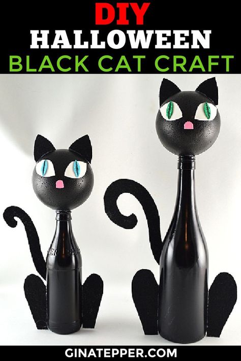 Black Cat Diy Decor, Black Cat Halloween Decorations Diy, Diy Black Cat Decor, Diy Black Cat Halloween Decor, Black Cat Decor Halloween, Halloween Bottle Crafts, Black Cat Silhouette Halloween, Cat Crafts For Adults, Black Cat Halloween Decorations