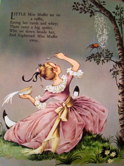 Little Miss Muffet A&JJohnstone Creepy Rhymes, Anne Grahame Johnstone, Nursery Rhymes Poems, Old Nursery Rhymes, Nursery Rhymes Lyrics, Little Miss Muffet, Childrens Poems, Nursery Songs, Miss Muffet