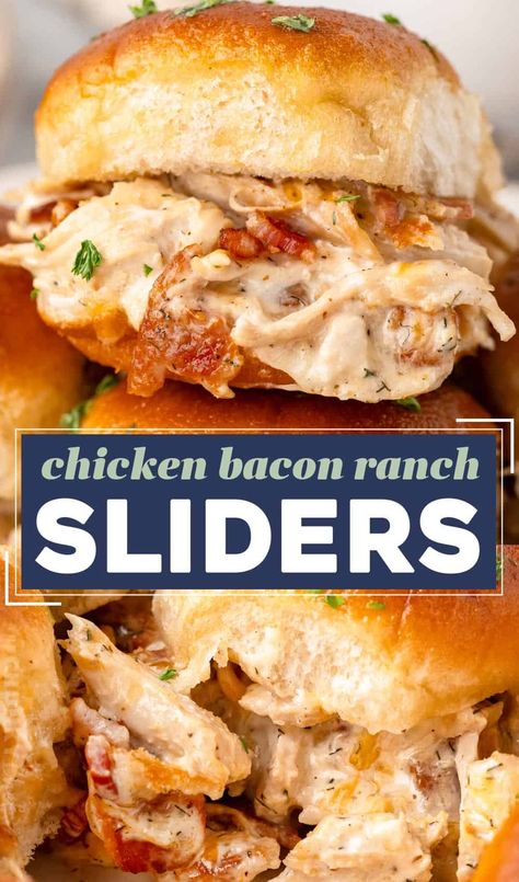 These baked chicken bacon ranch sliders are made with soft slider buns, shredded chicken tossed in a savory ranch sauce with sharp cheese and crispy bacon, then topped with a garlic butter sauce! They’re the perfect appetizer for game day or any party, and will feed a crowd! Chicken Bacon Ranch Sliders, Bacon Ranch Sliders, Slow Cooker Chicken Taco Soup, Ranch Sliders, Chicken Bacon Ranch Sandwich, Sliders Recipes Hawaiian Rolls, Easy Slider Recipes, Sliders Recipes Chicken, Bbq Chicken Sliders