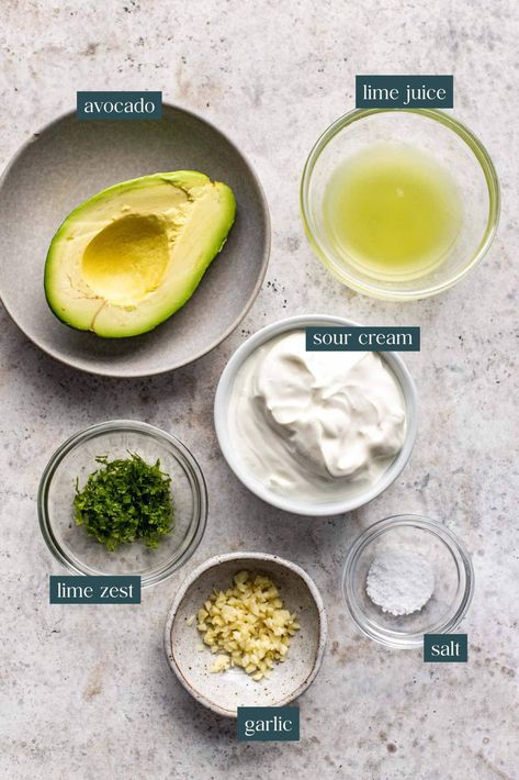 This thick, creamy Avocado Crema combines ripe avocado, cool, tangy sour cream, fresh lime juice, garlic, and Kosher salt to make an easy sauce that is delicious with all your favorite Mexican and Tex-Mex recipes! It can also be used it as a sandwich spread, dip, or a salad dressing. #wellseasonedstudio #crema #avocado #avocadocrema #mexicancrema Mexican Sour Cream, Avocado Dip Recipe, Healthy Low Carb Breakfast, Crema Recipe, Avocado Recipes Healthy, Sweet Potato Fritters, Avocado Salad Dressing, Sour Cream Dip, Creamy Avocado Sauce