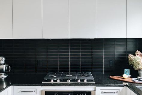 Fireclay Tile on Instagram: “What do you call 2 witches sharing an apartment? Broom-mates! Happy Halloween 🎃 . Design: @jenniferannjorgensen 📷: @2ndtruth  Tile shown:…” Black Kitchen Backsplash, Black Tiles Kitchen, Countertop Remodel, Basalt Tile, Trendy Kitchen Backsplash, Matte Black Kitchen, Black Backsplash, Black Tile, Victorian Kitchen