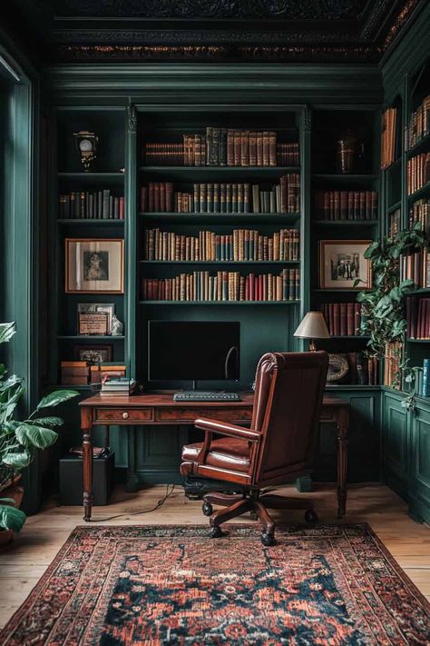 Home Office Victorian, Vintage Academia Aesthetic Room, Cozy Moody Office, Dark Intellectual Aesthetic, Dark Green Home Library, Peaky Blinders Office, Dark Green Library Aesthetic, Medium Academia Aesthetic, Dark Academia Mid Century Modern