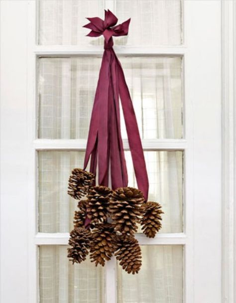 pine cone hanging on ribbon | pine cones on ribbons Easy Thanksgiving Decorations, Pine Cone Wreath, Cone Wreath, Thanksgiving Decorations Diy, Dekor Diy, Diy Thanksgiving, Cones Crafts, Pine Cone Crafts, Thanksgiving Wreaths