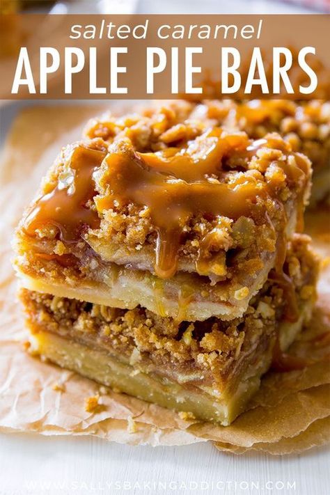 These Salted Caramel Apple Pie Bars are mind-blowing delicious! So much easier to make than an entire apple pie, too. Recipe by sallysbakingaddiction.com Salted Caramel Apple Bars, Salted Caramel Apple Pie Bars, Salted Carmel Apple Pie, Caramel Crumble Bars, Caramel Apple Pie Bars, Apple Pie Bars Recipe, Caramel Apple Bars, Salted Caramel Apple Pie, Canned Apple Pie Filling