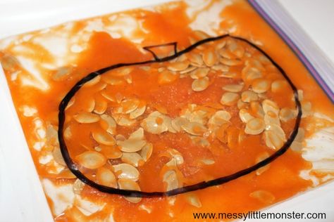 Pumpkin Sensory For Infants, Pumpkin Guts Sensory Bin, Fall Sensory Bin One Year Old, Pumpkin Ziploc Bag Painting, 5 Senses Pumpkin Activity, Edible Halloween Sensory Bin, November Baby Activities, Pumpkin Sensory Bags, Autumn Sensory Bags