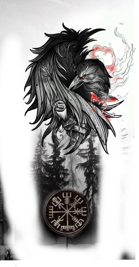 Viking Tattoos For Men, Fenrir Tattoo, Rabe Tattoo, Viking Warrior Tattoos, Norse Mythology Tattoo, Crow Tattoo Design, Scandinavian Tattoo, Arte Viking, Viking Tattoo Symbol