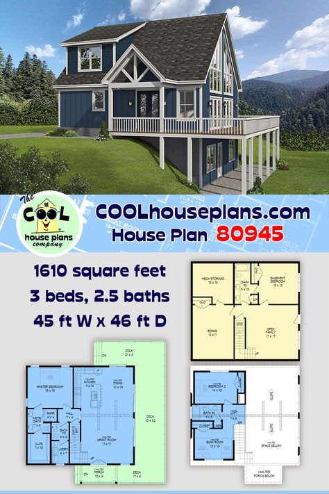 A-Frame House Plan 80945 has 1,610 square feet living space on the main and upper levels. Officially, the plan has 3 bedrooms and 2.5 bathrooms. However, the design gives you several options to expand the living space. For example, the walkout basement offers a basement bedroom, bonus room, family room, and full bath. Best of all, your family will spend time outside on the expansive deck. This home will grab attention because it has excellent curb appeal. #Hillside #hillsidehome 2 Story Walk Out Basement House Plans, Slope House Floor Plan, Small Hillside House Plans, Floor Plans With Walkout Basement, Homes With Basement, Floor Plans With Loft, Walkout Basement Patio, House Plans With Basement, Sloping Lot House Plan