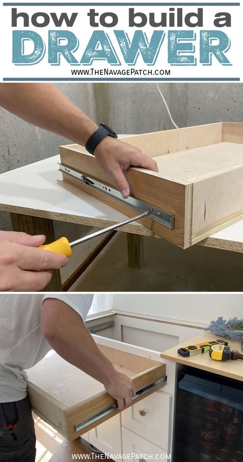 How to Make a Drawer and Vanity Repurpose | How to build a drawer - the easy way | Easy DIY drawer box | How to make a drawer box - the easy way | DIY vanity repurpose | How to upcycle a bathroom vanity | How to organize a tool drawer | How to organize a junk drawer | #TheNavagePatch #EasyDIY #DIYfurniture #HowTo #Tutorial #upcycled #repurposed | TheNavagePatch.com Diy Vanity With Drawers, Make A Drawer, Build A Drawer, Building Drawers, Navage Patch, Diy Carpentry, Old Vanity, Tool Drawers, Drawer Vanity