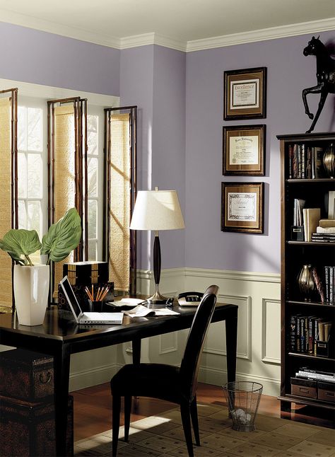 fresh & airy purple home office - wisteria AF-585 (upper walls), jute AF-80 (ceiling, trim & wainscoting),  carbon copy 2117-10 (accent) Purple Home Office, Purple Interior Design, Office Wall Colors, Modern Kitchen Wall Decor, Painted Wainscoting, Purple Office, Office Paint Colors, Lady Office, Wainscoting Styles