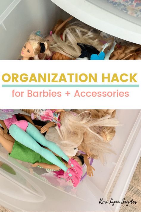 How to Organize Barbies and Accessories - Keri Lynn Snyder Barbie Storage Hack, How To Organize Dolls In Playroom, Best Way To Organize Barbie Stuff, Organization For Barbie Stuff, Organize Dolls And Accessories, Organize Lol Dolls, Best Barbie Storage Ideas, How To Organize Barbies, Organizing Barbie Accessories