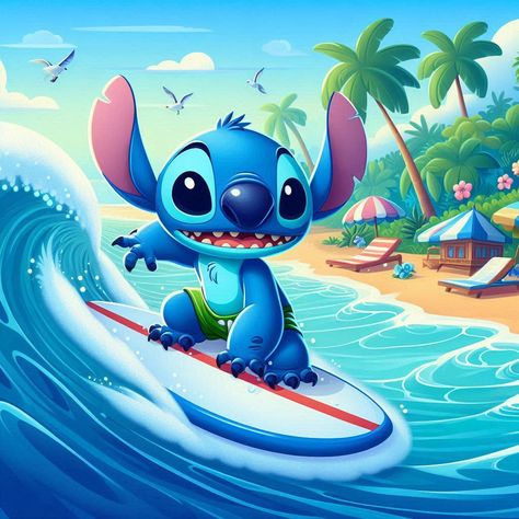 Stitch Surfing, Surfing Wallpaper, Stitch Quote, Mickey Mouse Wallpaper, Cute Stitch, Ocean Wallpaper, Love Stitch, Lilo And Stitch, Cartoon Characters