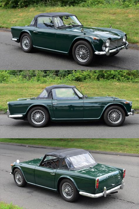 Offered here is an absolutely beautifully restored 1967 Triumph TR4 A IRS that had a very thorough restoration completed by Mark Lefferts of Ridgefield, Connecticut who is most noted for his restoration of Bugattis. The body is extremely straight with its British green paint and brightwork that is in really nice condition. The top and interior are restored correctly as the car would have left the factory in 1967. British Green, Triumph Tr4, Classic Triumph Motorcycles, Green Classic Car, Green Car Vintage, Triumph Tr2 Cars, Vintage Green Porsche, Triumph Herald Convertible, Triumph Sports