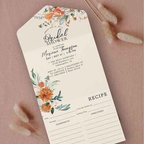 Elegant Orange Floral Bridal Shower & Recipe  All In One Invitation Diy Bridal Shower Invitations, Fall Bridal Shower Ideas, Fall Bridal Shower Invites, Bridal Shower Recipe, Summer Bridal Showers, Bridal Luncheon, Fall Bridal Shower, Bridal Shower Food, Floral Bridal Shower Invitations