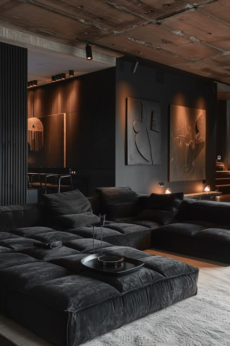 29 Dark Aesthetic Decor Ideas for a Unique and Timeless Interior - My Elegant Home Black Vintage Living Room, Dark Interior Decor, Moody Home Interior Design, Dark Home Design Ideas, Goth Minimalism Decor, Dark Aesthetic Interior Design Ideas, Living Room Designs Modern Luxury Black, Black Apartment Living Room, Dark Aesthetic Rooms