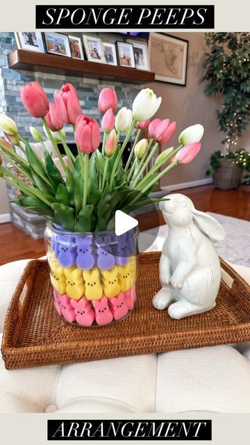 Tara Panasiuk on Instagram: "Do you love the look of decorating with peeps but don’t want to use actual food in your styling? These Peep sponges are the perfect solution 🤗 Have these cuties saved to my LTK! 

They look so realistic and can be stored year to year for your spring decor 🩷 I layered them in a glass container to place my tulips in 🐰

What do you think?

#springdecor #easterideas #amazonfinds #easterfun" Grass Bunny Decor, Peeps Diorama, Easter Vase With Peeps, Easter Deserts, Easter Fun, Glass Containers, Easter Spring, Easter Crafts, Happy Easter