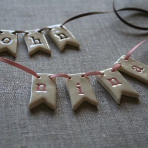 Ceramic letter flag bunting by Paper Boat Press Toadstool Craft, Paper Boats, Mini Flag, Marbled Clay, Bunting Flag, Tile Crafts, Air Dry Clay Projects, Mini Flags, Clay Crafts Air Dry