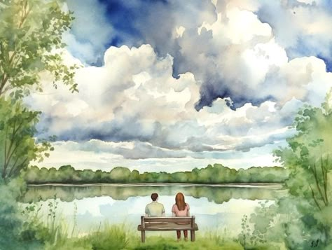 Watercolor Paintings Couple Love, Watercolour Couple Painting, Couple Landscape Painting, Watercolor Painting Love, Cute Couple Watercolor Painting, Romantic Landscape Painting, Watercolor Couple Art, Watercolor Outdoors, Love Watercolor Paintings