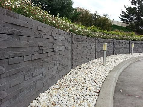 Concrete Sleeper Retaining Walls, Concrete Fence Wall, Pagar Modern, Sleeper Wall, Sleeper Retaining Wall, Small Water Fountain, Concrete Sleepers, Compound Wall Design, Stone Fence