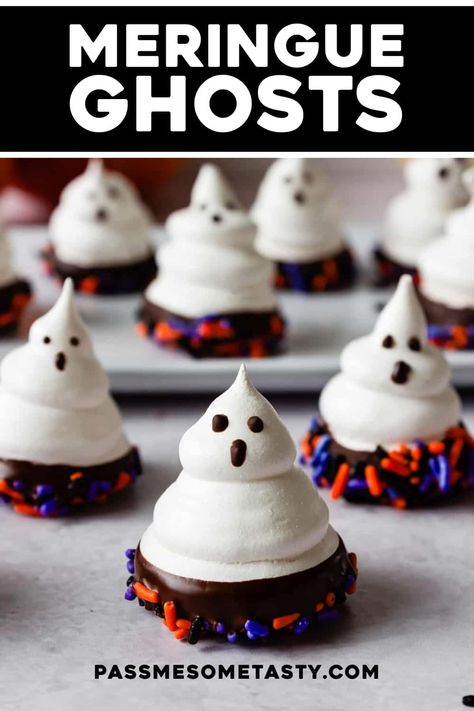 These cute meringue ghosts are a fun and tasty treat for your next Halloween party. A light, airy, and crisp exterior with a slightly chewy interior these naturally gluten-free cookies require just 7 ingredients. Halloween Meringues, Cute Meringue, Meringue Ghosts, Ghost Meringues, Meringue Recipe, Meringue Cookies, Piping Tips, Halloween Treat, Halloween Food