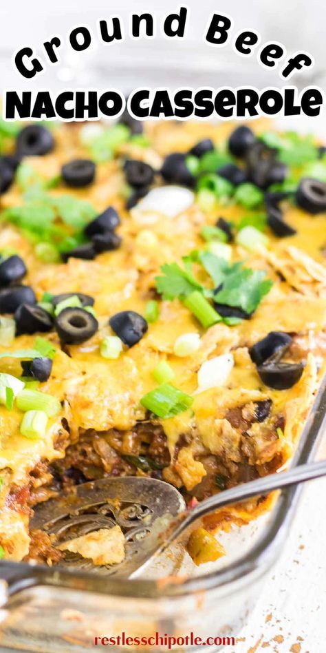 Get ready to enjoy a hearty, delicious dinner with this quick and easy ground beef nacho casserole recipe! It's perfect for busy weeknights, combining all your favorite nacho flavors into one satisfying, easy-to-make dish. Beef Nacho Casserole, Nacho Casserole Recipe Beef, Nacho Bake Casserole, Nacho Casserole Recipe, Ground Beef Nachos, Nacho Casserole, Ground Beef Breakfast, Baked Nachos, Restless Chipotle