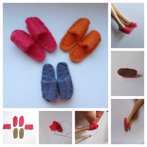 How to Make Felt Barbie Slippers | I managed to make 2 pair … | Flickr Shoe Template, Mini Crafts, Barbie Doll Patterns, Diy Slippers, Barbie Doll Clothing Patterns, Sylvanian Family, Homemade Dolls, Barbie Ideas, Doll Clothing Patterns