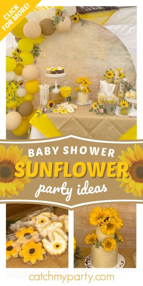 Sunflower Ceiling Decoration, Sunflower Fall Baby Shower Ideas Girl, Sunflower Centerpieces Baby Shower Diy, Sunflower Themed Food, Yellow Theme Baby Shower Ideas, Bees And Sunflowers Baby Shower Theme, Sunflower Shower Theme, Sunflower And Bee Baby Shower Ideas, Sun Flower Baby Shower Theme