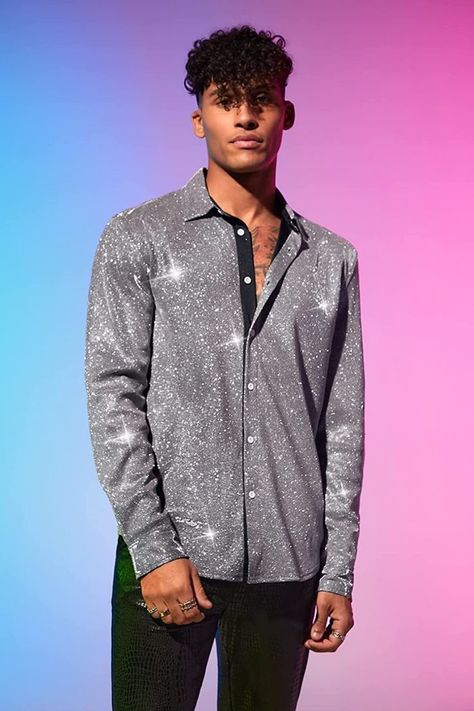 Fabric has some stretch,and it's soft and comfortable. Suit for party, club, night out, go out wearing and casual wear. This shirt is stunning. The sheer fabric of the shirt has a stellar luster that matches the shine gloss. #men #sheer #shiny #glitter #club #partywear #shirt Men’s Beyoncé Concert Outfit, Disco Glam Outfits Men, Disco Outfit Men, Beyoncé Outfits, Zodiac Party, Disco Party Outfit, Concert Outfit Men, Beyonce Concert Outfit, Euphoria Party