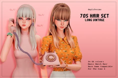 70s HAIR SET - Long Vintage Hairstyle Sims 4 70s Hair, Daylife Sims, 70's Hair, Emily Lind, Audrey Hope, Aesthetic Sims, Ts4 Hair, Female Sims, Sims 4 Decades Challenge