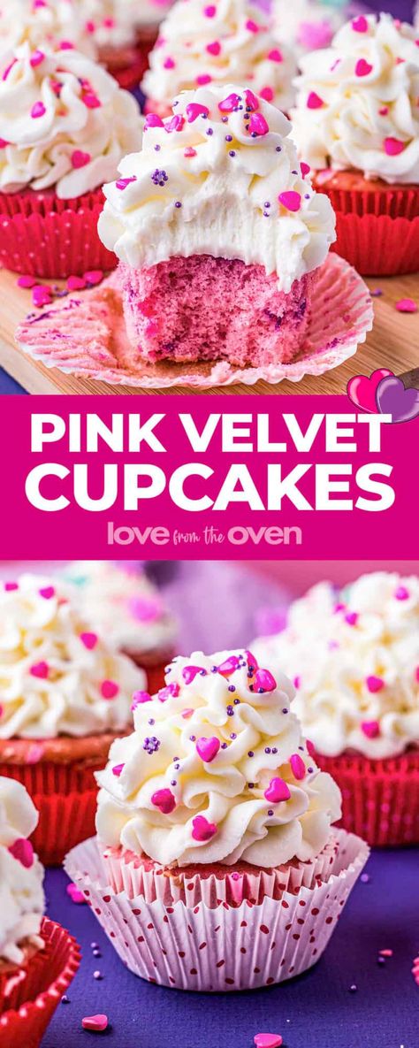 Pink Velvet Cupcakes • Love From The Oven Pink Velvet Cupcakes Box Cake Mixes, Pink Mini Cupcakes, Pink Velvet Cookies, Bubblegum Cupcakes, Purple Velvet Cupcakes, Sugary Desserts, Basic Buttercream Recipe, Girly Cupcakes, Whipped Buttercream Frosting