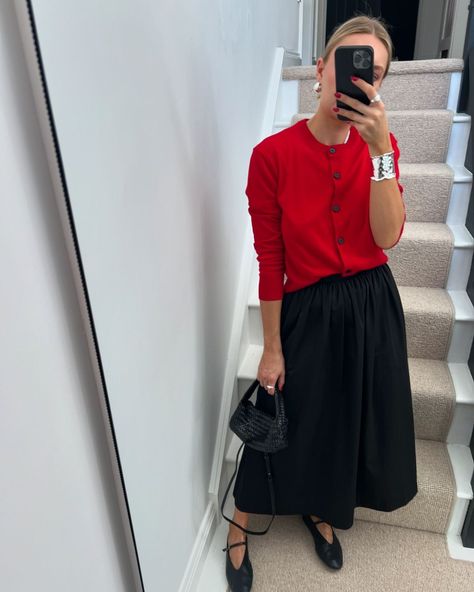 Lydia Tomlinson | Transitional outfit inspo from past to present 🍂 | Instagram How To Style A Red Cardigan, Lydia Tomlinson Outfits, Cardigan Work Outfit, Red Cardigan Outfit, Cardigan Outfit Work, Red Skirt Outfits, Lydia Tomlinson, Christmas Service, Cardigan Outfit